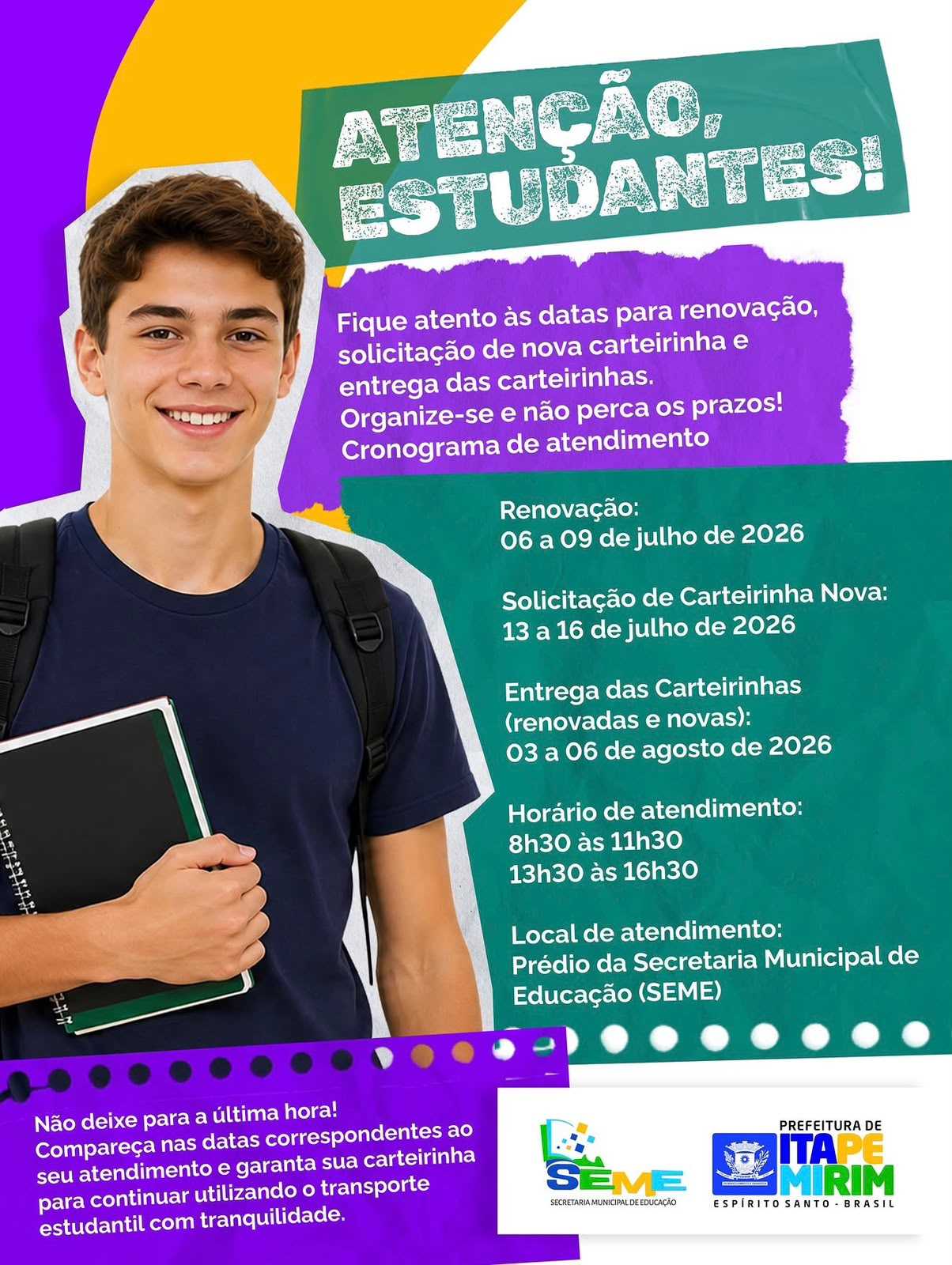 Leia mais sobre o artigo Secretaria de Educação divulga cronograma para renovação e emissão de carteirinhas do transporte