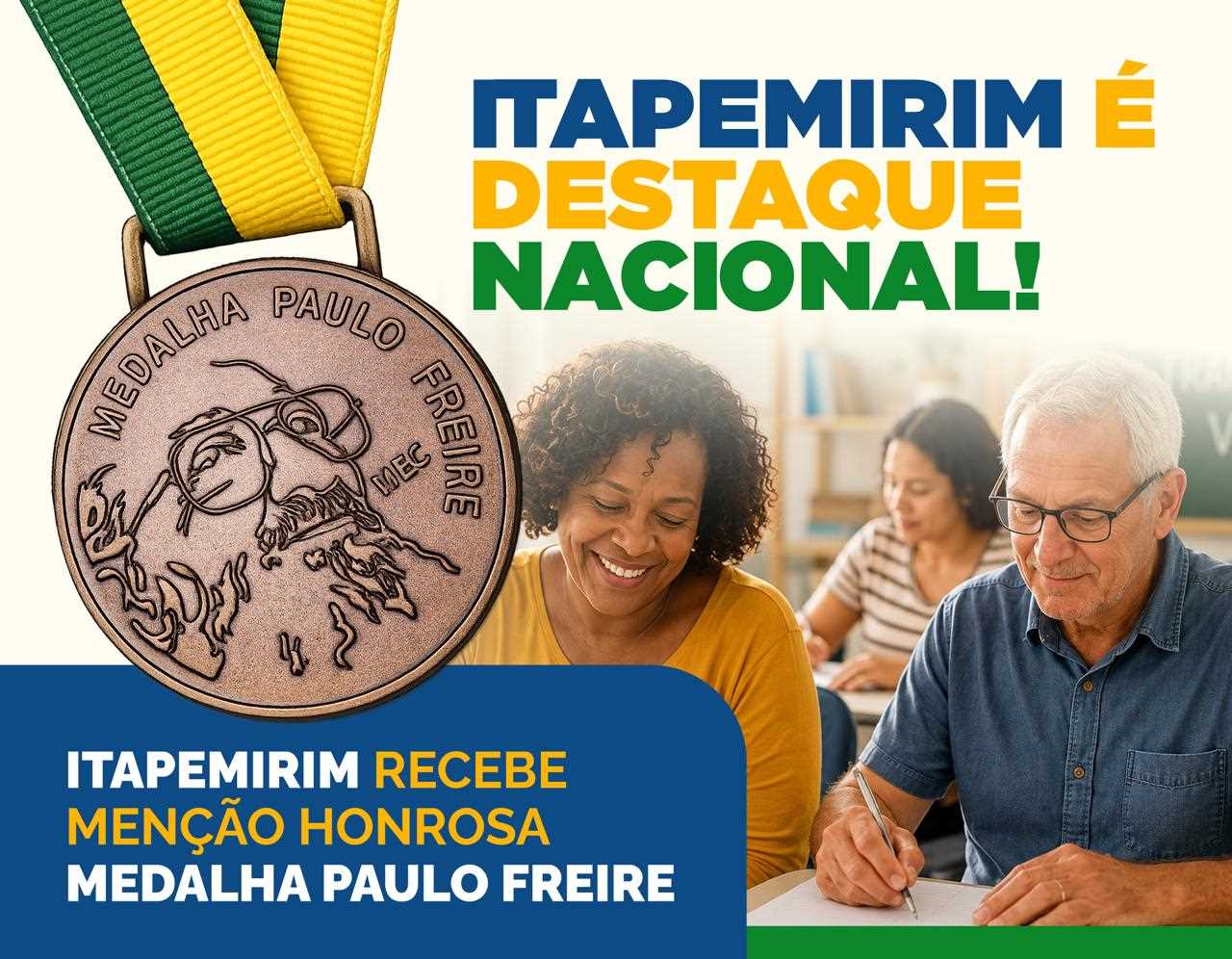 Leia mais sobre o artigo ITAPEMIRIM RECEBE MENÇÃO HONROSA DA MEDALHA PAULO FREIRE E GANHA DESTAQUE NACIONAL NA EDUCAÇÃO